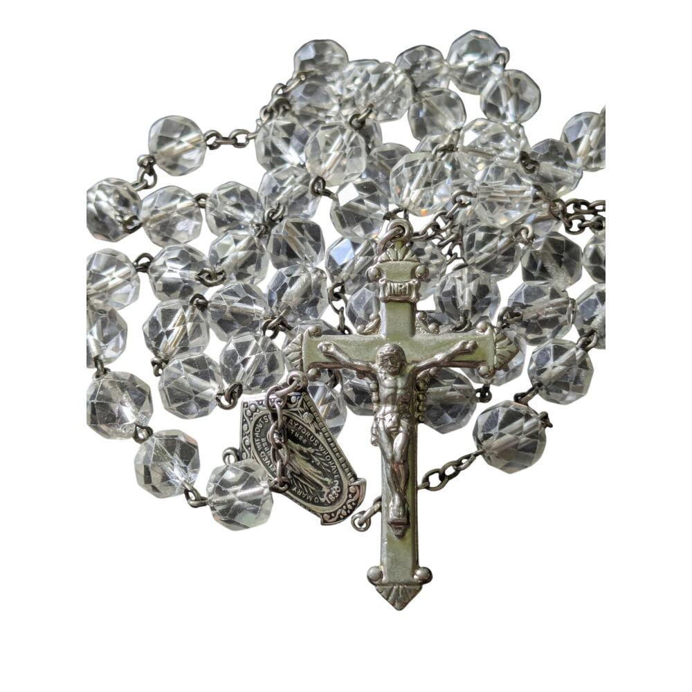 Vintage 1950's Sterling Silver Rosary with Crystal Beads.